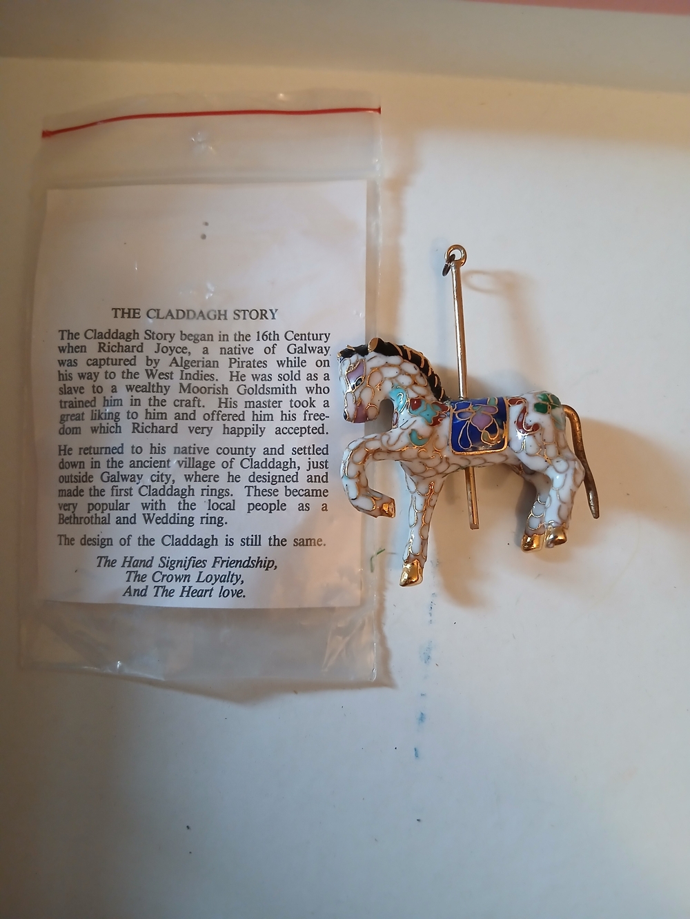 White and Multicolor Cloisonné Horse Brooch - Elegant Home Accent